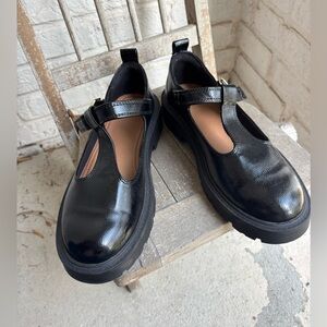 ZARA Black Patent Mary Jane Shoes with Silver Buckle Sz 38/ 8
